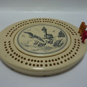 VINTAGE North Coast Trading Oval Cribbage Board Faux Ivory Scrimshaw w/ Pegs